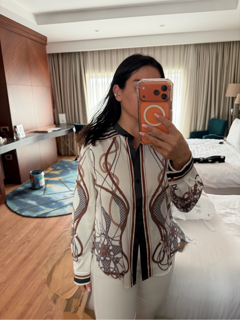 Reiss Cream Button-Up Blouse with Brown Rope Print